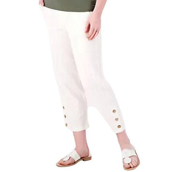 Susan Graver PURE 1X Linen Blend Pull-On Crop Pants with Button Detail - Picture 1 of 6